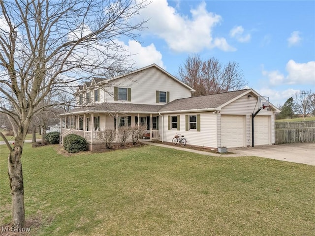 9620 Bimeler St NE, Bolivar, OH 44612 - view of front of home featuring a front lawn, a porch, fence, concrete driveway, and a garage