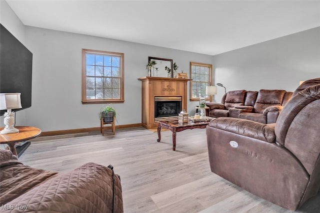 9620 Bimeler St NE, Bolivar, OH 44612 - living room featuring a glass covered fireplace, a healthy amount of sunlight, baseboards, and light wood-style floors