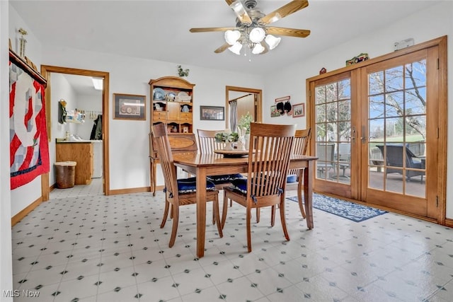 9620 Bimeler St NE, Bolivar, OH 44612 - dining area featuring tile patterned floors, french doors, baseboards, and ceiling fan
