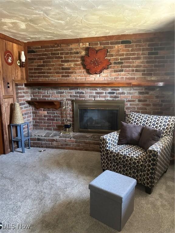 167 Andover Rd, Woodsfield, OH 43793 - living room with carpet flooring, wooden walls, and a brick fireplace