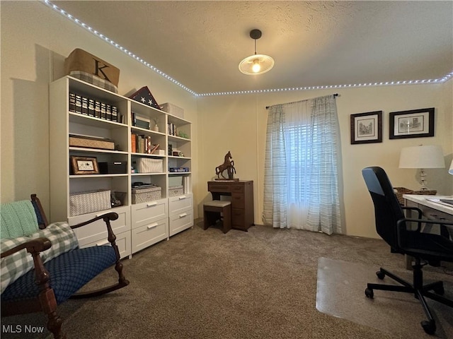 office space featuring a textured ceiling and dark carpet