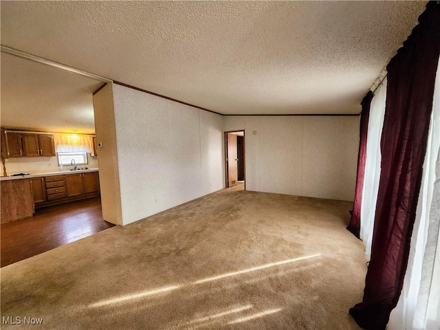 unfurnished living room with a sink, a textured ceiling, dark carpet, and crown molding