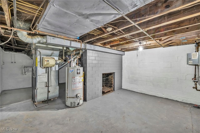 unfinished basement featuring water heater and heating unit