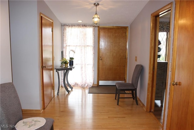 foyer entrance featuring baseboards and light wood-type flooring