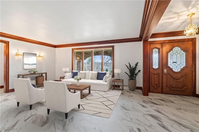 8187 N Lima Rd, Poland, OH 44514 - living room with light marble finish floors, crown molding, baseboards, and a chandelier