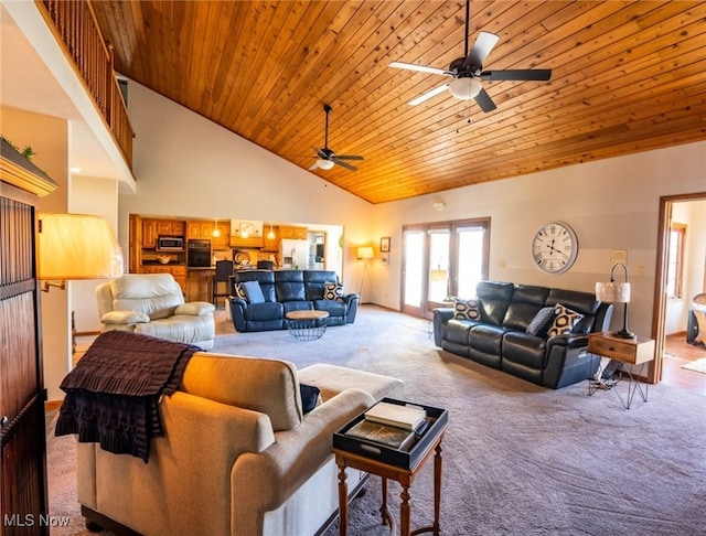 6 Maplewood Dr, Williamstown, WV 26187 - carpeted living room with wood ceiling, high vaulted ceiling, and ceiling fan
