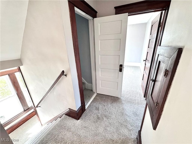 staircase featuring carpet and baseboards