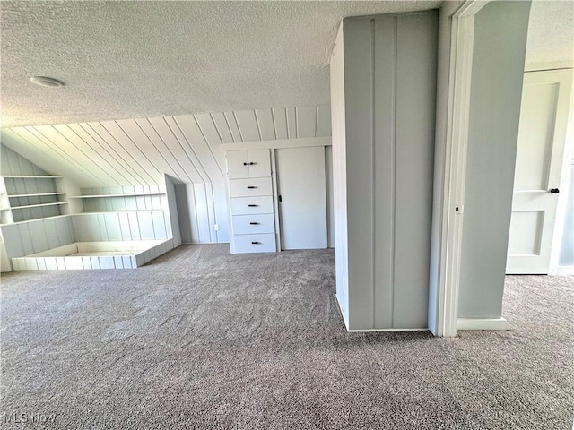 additional living space with carpet floors, a textured ceiling, built in shelves, and lofted ceiling