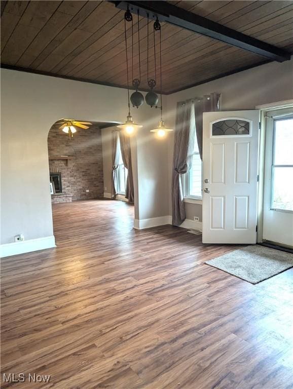 11154 Edgerton Rd, North Royalton, OH 44133 - unfurnished dining area featuring wood ceiling, healthy amount of natural light, wood finished floors, and a ceiling fan