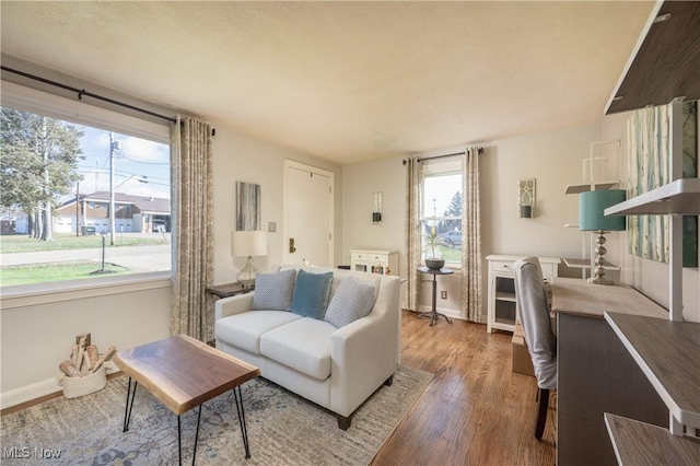 living area featuring hardwood / wood-style floors and baseboards