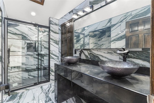3189 Chardonnay Ln, Poland, OH 44514 - full bathroom featuring marble finish floor, a sink, and a marble finish shower