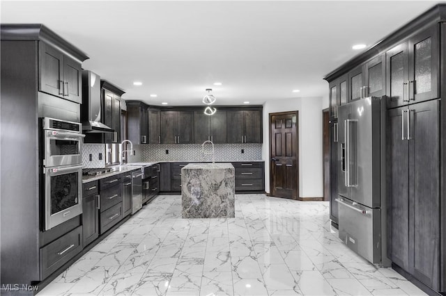 3189 Chardonnay Ln, Poland, OH 44514 - kitchen featuring marble finish floor, backsplash, and stainless steel appliances