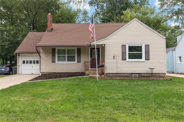 ranch-style home with an attached garage, roof with shingles, concrete driveway, and a front yard