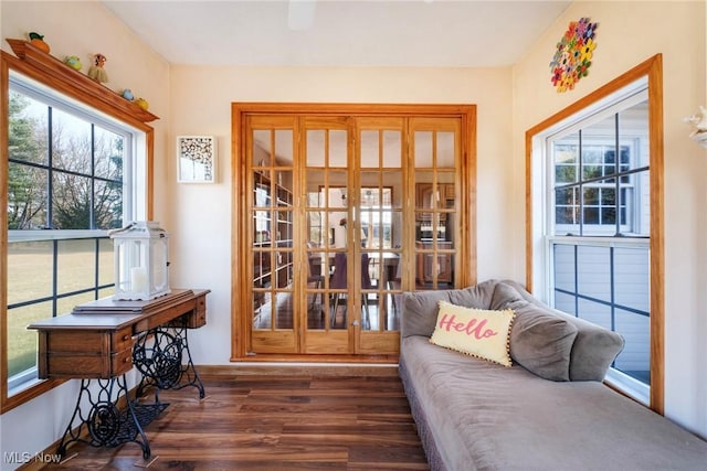 living area featuring french doors and dark wood finished floors