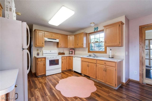 kitchen featuring light countertops, white appliances, dark wood-style flooring, under cabinet range hood, and a sink