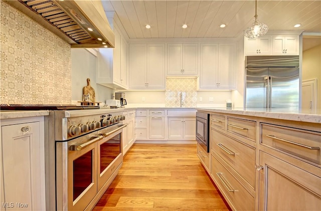 kitchen featuring wood ceiling, built in appliances, custom exhaust hood, and light wood-type flooring
