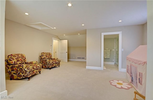 sitting room with baseboards, carpet floors, recessed lighting, and attic access
