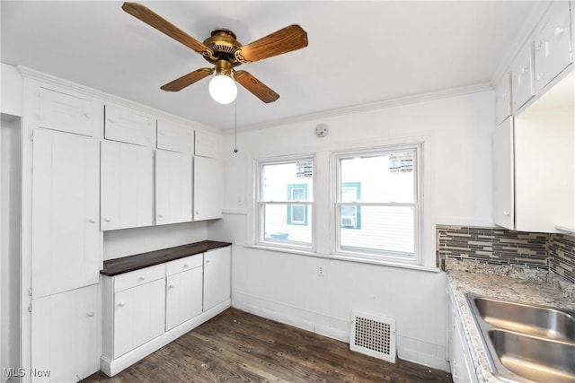 3716 E 52nd St, Cleveland, OH 44105 - kitchen with dark wood-style flooring, visible vents, ceiling fan, a sink, and backsplash