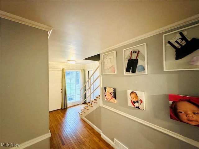 corridor with visible vents, crown molding, baseboards, stairs, and hardwood / wood-style floors