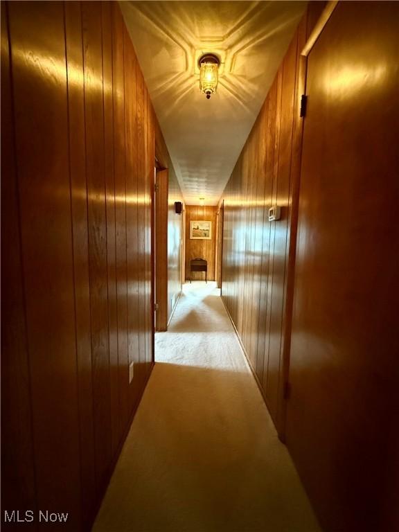 corridor with light colored carpet and wood walls