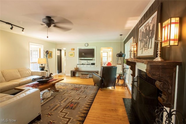 living area with crown molding, a fireplace with flush hearth, wood finished floors, rail lighting, and ceiling fan