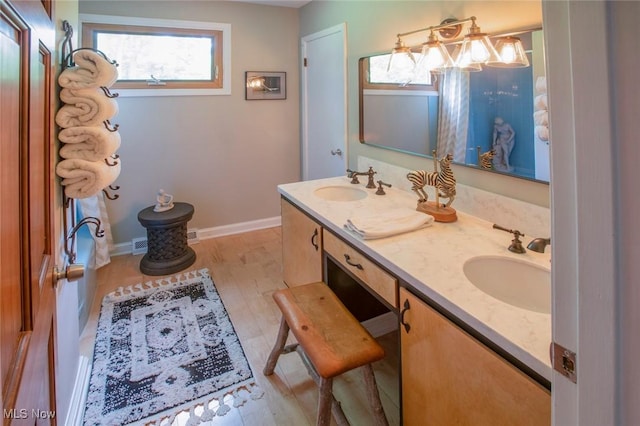 bathroom with baseboards, double vanity, and a sink