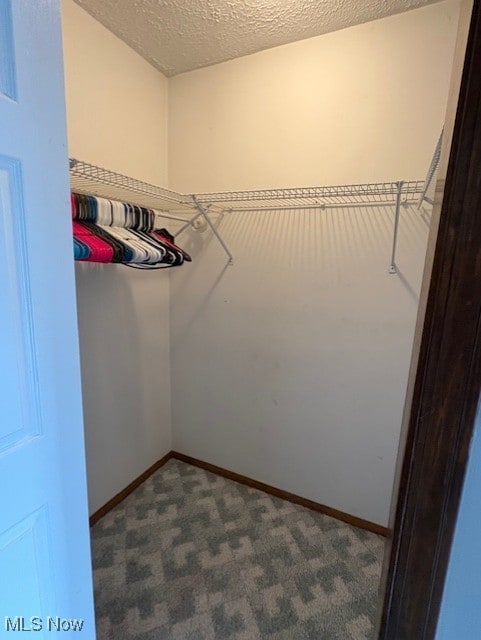 walk in closet featuring dark carpet