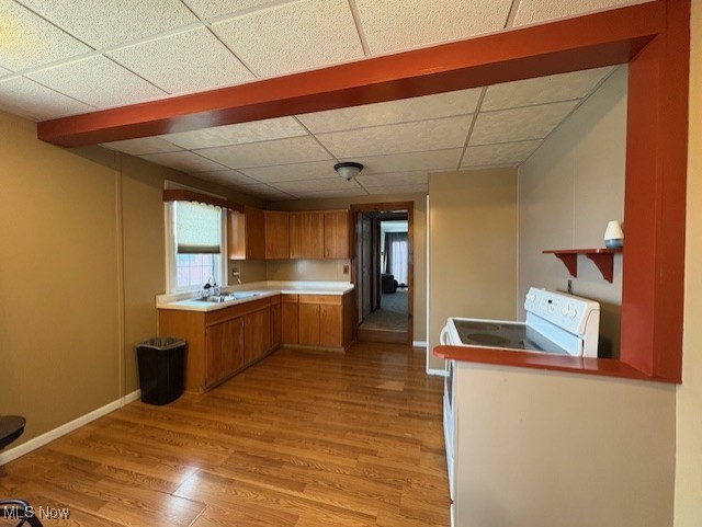 kitchen with baseboards, light wood-type flooring, brown cabinetry, and a drop ceiling