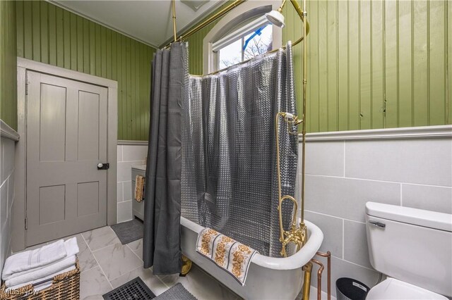 203 W 6th St, Dover, OH 44622 - full bathroom with crown molding, marble finish floor, curtained shower, toilet, and a tub