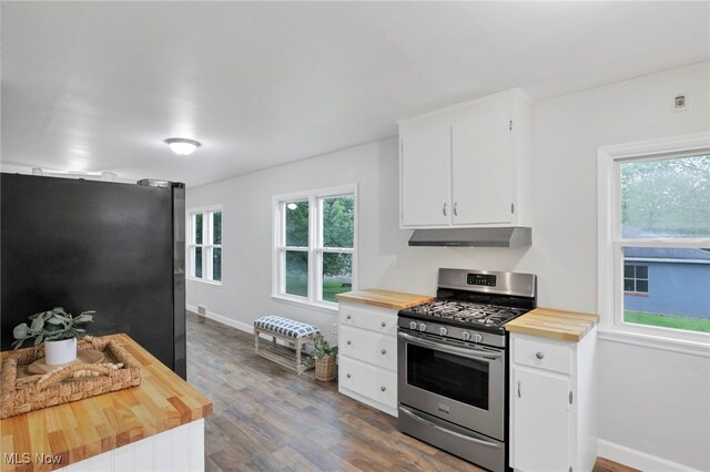 507 Beacon Rd, Newark, OH 43055 - kitchen featuring appliances with stainless steel finishes, wood counters, under cabinet range hood, dark wood-style flooring, and white cabinetry