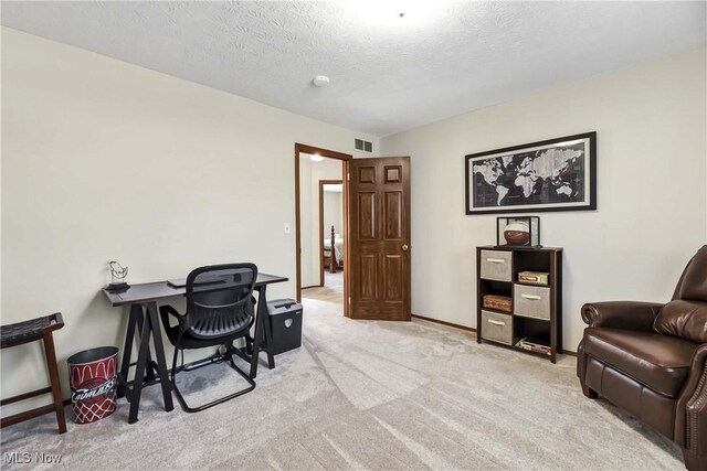 21242 Jonathan Dr, Strongsville, OH 44149 - home office with light carpet, baseboards, visible vents, and a textured ceiling