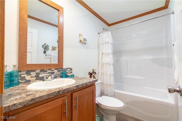 2409 Chelsea Dr SW, Canton, OH 44706 - bathroom with crown molding, toilet, vanity, shower / bath combination with curtain, and backsplash