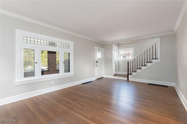 3459 Helen Rd, Shaker Heights, OH 44122 - foyer entrance with baseboards, dark wood-style floors, visible vents, and stairway