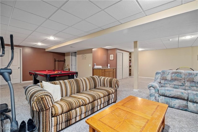 living room featuring light colored carpet, a drop ceiling, billiards, and baseboards