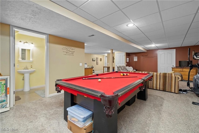 rec room with baseboards, billiards, and carpet floors
