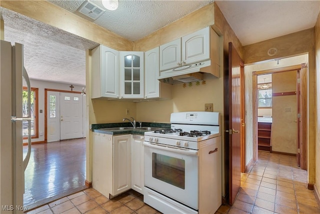 3871 Foskett Rd, Medina, OH 44256 - kitchen with a sink, a textured ceiling, under cabinet range hood, and white appliances