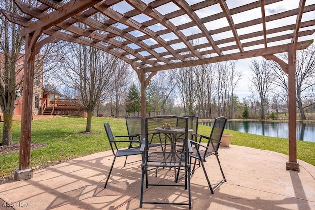 3871 Foskett Rd, Medina, OH 44256 - view of patio featuring a water view, outdoor dining space, and a pergola