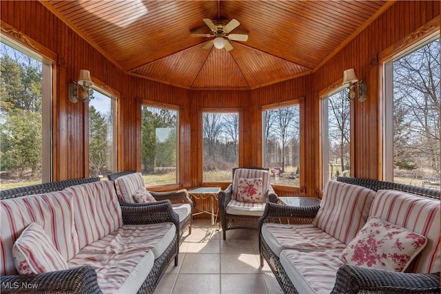 3871 Foskett Rd, Medina, OH 44256 - sunroom / solarium with tile patterned floors, wood ceiling, wooden walls, and ceiling fan