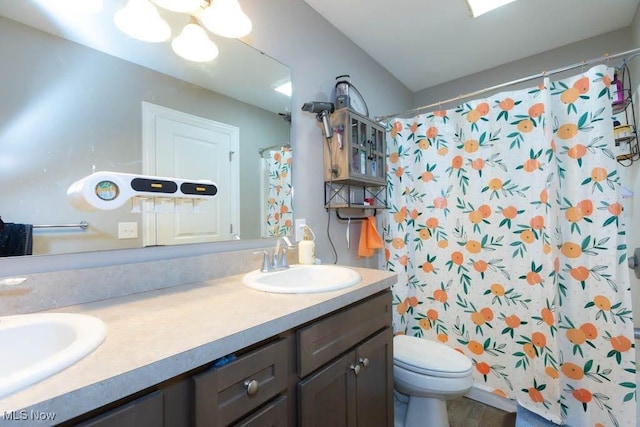 bathroom featuring toilet, double vanity, wood finished floors, and a shower with shower curtain