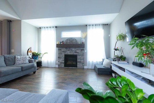 living area featuring hardwood / wood-style flooring and a fireplace