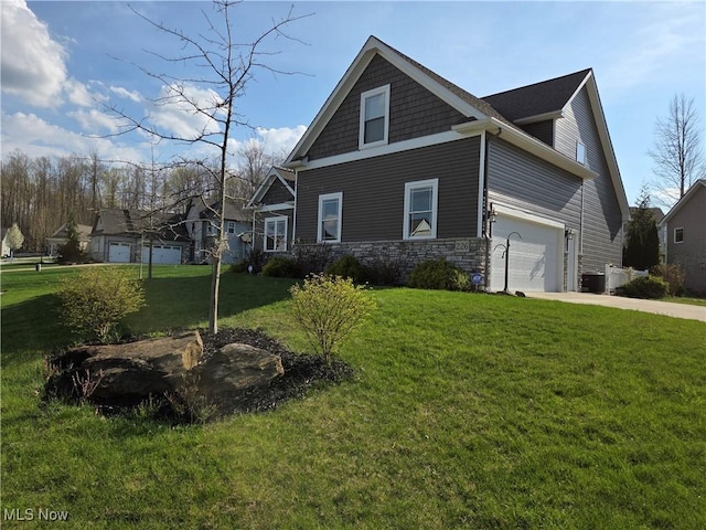 view of front of house with stone siding, driveway, a front yard, and cooling unit
