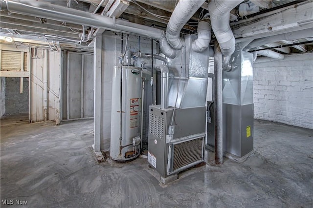 unfinished basement with water heater and heating unit