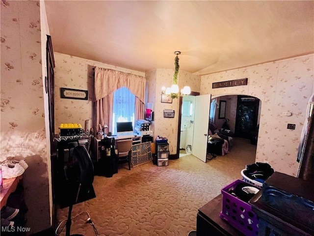 319 Grant St, Newell, WV 26050 - carpeted home office with arched walkways, wallpapered walls, and a chandelier