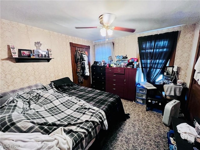 319 Grant St, Newell, WV 26050 - bedroom with carpet flooring, wallpapered walls, and ceiling fan