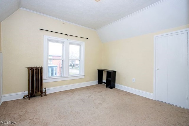 additional living space with radiator heating unit, carpet, baseboards, and vaulted ceiling