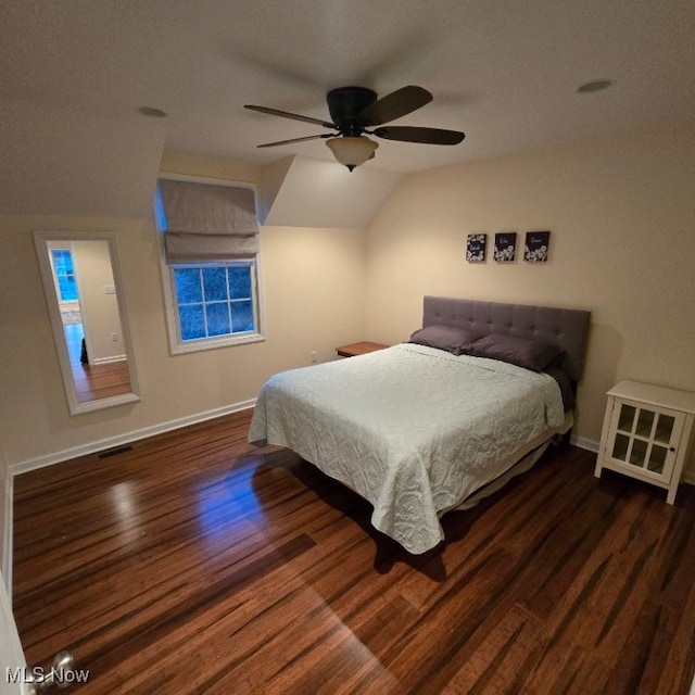 115 Beech St, Kelleys Island, OH 43438 - bedroom featuring a ceiling fan, baseboards, wood finished floors, lofted ceiling, and visible vents