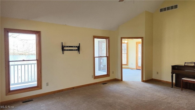 11466 Bloom Rd, Garrettsville, OH 44231 - unfurnished room featuring carpet flooring, vaulted ceiling, baseboards, and a ceiling fan