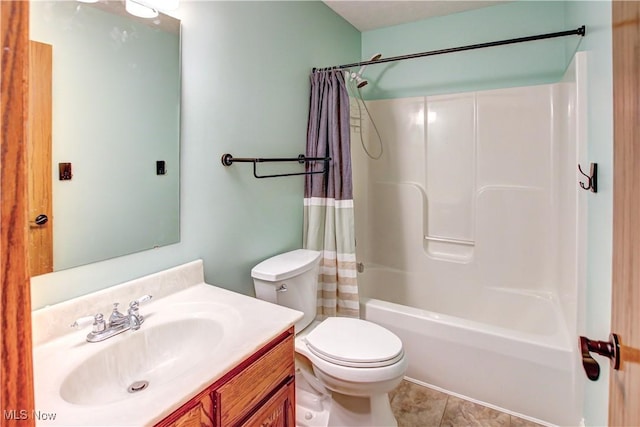 full bath with toilet, tile patterned floors, vanity, and shower / bath combination with curtain
