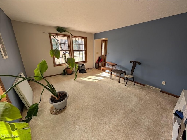 living area with carpet floors, baseboards, and a textured ceiling