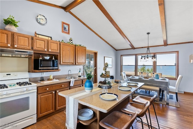 1122 Lake Rd, Conneaut, OH 44030 - kitchen featuring range hood, stainless steel microwave, dark wood-type flooring, white range with gas cooktop, and a breakfast bar area